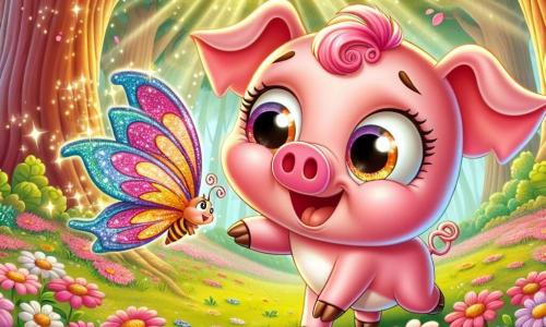 Um porquinho feliz chamado Pipo, com uma pele rosa brilhante e grandes olhos cintilantes, está no centro da cena, sorrindo entusiasticamente enquanto fareja o chão em busca da flor mágica. Ao seu lado, uma linda borboleta chamada Lili, com asas coloridas e cintilantes, voa ao seu redor, expressando sua gratidão com um sorriso radiante. A cena acontece em uma floresta encantada, onde árvores majestosas com troncos grossos se erguem em direção ao céu, e flores multicoloridas cobrem o chão, criando um tapete vibrante de cores. Raios de sol filtram-se através das folhas, iluminando a cena com uma luz dourada. Pipo e Lili estão em uma aventura, buscando juntos a flor mágica que realiza desejos, enquanto Pipo usa seu nariz para seguir o perfume encantador que flutua no ar.
