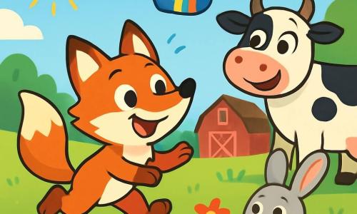 A mischievous fox with bright orange fur and sparkling eyes, wearing a wide smile, chases a colorful sock flying through the air. Next to him, a black and white cow named Daisy stands in a green field, laughing with round, joyful eyes. A small bunny with big ears, Benny, watches the scene while hopping, his soft gray fur shining in the sun. The setting is a sunny farm with colorful flowers, a clear blue sky, and a red barn in the background. The scene shows Felix the fox, full of energy, trying to catch his sock while his animal friends cheer him on enthusiastically.