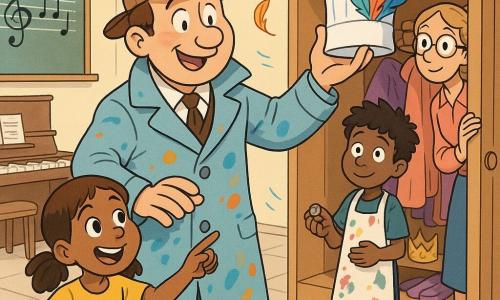 A round-faced smiling detective with lively eyes, a brown cap and a light-blue trench coat spotted with paint, surprised but reassuring, reaches for a large white chef’s hat trimmed with colorful feathers; Amy, about 8, with brown pigtails in a yellow dress, points excitedly to his left; Greg, about 9, with messy hair and a paint-stained apron, stands behind holding a button in his palm, embarrassed but relieved; Lila, the music teacher in her thirties with tied blonde hair and round glasses, gently opens a cupboard door on the right and watches; setting: a bright school music room with pastel walls, wooden shelves of colorful costumes, scattered sheet music, a light tiled floor and a large cupboard with the hat on the top shelf; main moment: the detective grabs the chef’s hat, feathers swirl around them, the children applaud, joyful and dynamic, crisp lines, vivid colors and soft shadows.