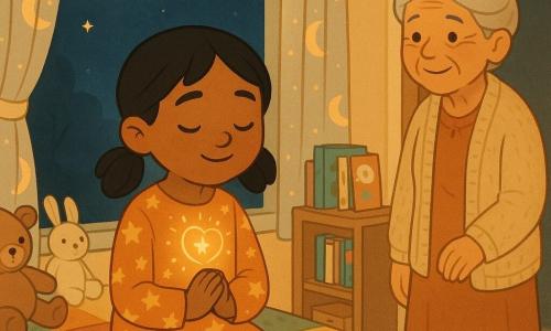 A serene 6-year-old girl, hands clasped at her chest, eyes closed and smiling, with black pigtails and caramel skin, wearing a starry nightgown and sitting on a windowsill; a small golden halo like a tiny star glows over her heart. Her grandmother, about 65, stands in the doorway with gray hair in a bun, a kindly wrinkled face and a knitted cardigan, watching tenderly a few steps behind. The bedroom has a colorful patchwork quilt, a rabbit and a bear plush, a shelf of illustrated books, and moon-patterned curtains; the window shows a deep night sky with a round moon and bright stars. Main scene: a child praying quietly at night with warm light around her heart, intimate, peaceful, hopeful atmosphere, centered composition, soft colors with warm golds and night blues, simple vector style with rounded shapes and clean outlines.