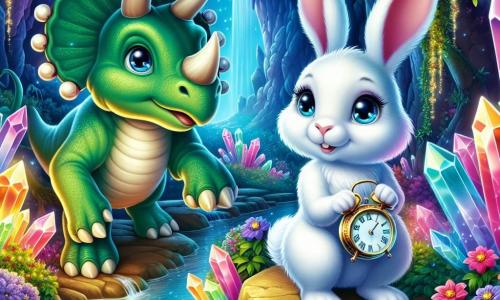 Un pequeño conejo de grandes orejas, con pelaje blanco brillante y ojos azules llenos de emoción, se encuentra al borde de un magnífico manantial resplandeciente, con una expresión de curiosidad y asombro en su rostro. A su lado, un triceratops de pelaje verde vivo, con cuernos majestuosos y una mirada amigable, observa al conejo con una sonrisa tranquilizadora, manteniéndose ligeramente al margen, listo para protegerlo. El lugar es una cueva encantada, iluminada por cristales coloridos que reflejan la luz del manantial, creando una atmósfera mágica y vibrante. Flores de colores brillantes y enredaderas verdes decoran las paredes de la cueva, mientras una suave luz dorada emana del agua. La situación principal de la historia muestra al conejo, maravillado, sosteniendo un antiguo y misterioso reloj de metal, listo para hacer un deseo de regresar a casa, rodeado de la magia del tiempo que los envuelve.