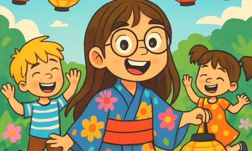 Una niña de 10 años, Ana, con largos cabellos castaños y gafas redondas, sonríe alegremente, con los ojos brillantes de emoción. Lleva un yukata colorido, adornado con motivos florales, y sostiene un farolillo de papel iluminado en su mano. A su lado, sus amigos, un niño de 10 años con cabello rubio despeinado, vestido con una camiseta a rayas, y una niña de 9 años con dos coletas y un vestido de lunares, ríen y bailan a su alrededor, todos rodeados de farolillos colgados. El lugar es un jardín soleado, lleno de flores brillantes y vegetación exuberante, con un cielo azul claro salpicado de algunas nubes blancas esponjosas. La escena está animada por las risas de los niños y los destellos de luz de los farolillos, creando una atmósfera festiva y alegre. La situación principal muestra a Ana y sus amigos celebrando su propio festival japonés, bailando y divirtiéndose juntos, mientras comparten momentos de felicidad y amistad bajo las estrellas.