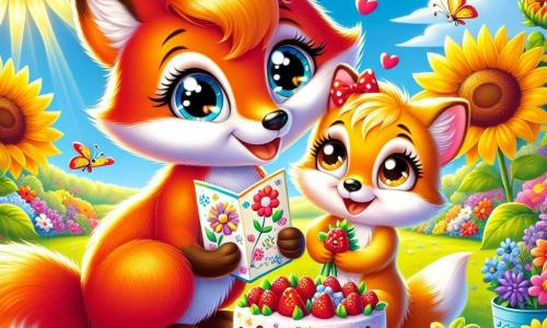 A young fox with sparkling eyes and shiny red fur, Max, is sitting in a sunny garden, wearing a big joyful smile. He holds a colorful card decorated with flower drawings and a steaming carrot cake on a small wooden table. Next to him, his mom, a gentle vixen with golden fur and warm eyes, sits on the grass, radiating happiness. She looks at Max with tenderness and tears in her eyes, admiring the gift he has prepared for her. The garden is filled with vibrant flowers, giant sunflowers, and colorful butterflies fluttering around. The sky is a bright blue, dotted with fluffy white clouds. The scene shows Max proudly presenting his gift to his mom, celebrating Mother's Day in a moment of joy and shared love.