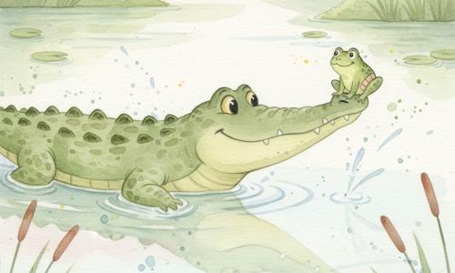 Un coccodrillo gentile e gioioso, chiaramente riconoscibile, di un verde tenue con scaglie morbide, muso largo e arrotondato e grandi occhi rotondi e benevoli, che sorride leggermente e nuota lentamente con la testa lievemente sollevata, tenendo delicatamente una piccola rana sullo spuntone del muso aperto; la rana verde con zampa posteriore fasciata è sorridente e fiduciosa, seduta vicino al muso come se si sentisse protetta; il paesaggio è un ampio fiume calmo dai riflessi pastello con ninfee e sottili canne e leggere macchie acquerellate intorno alle ondulazioni, atmosfera dolce e giocosa mentre il coccodrillo attraversa il fiume portando la rana in sicurezza, entrambi circondati da colori diluiti e tocchi acquerellati controllati.