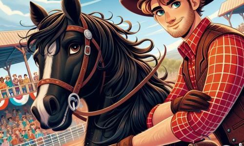 Un tânăr cowboy, Jack, un bărbat de aproximativ 20 de ani, cu părul castaniu și ochii strălucind de determinare, stă pe un cal negru, cu fața concentrată și un zâmbet încrezător pe buze. Poartă o cămașă cu carouri roșii, o vestă din piele și o pălărie de cowboy care îi dă un aer temerar. Lângă el, Red McCoy, un bărbat mai în vârstă de aproximativ 50 de ani, cu barbă albă și riduri care spun povești de bravură, îl observă pe Jack cu un privire admirativă, cu brațele încrucișate, stând pe solul prăfuit al arenei. Decorul este o arenă în aer liber, înconjurată de spectatori entuziaști, cu steaguri colorate fluturând în vânt și standuri de mâncare în fundal. Solul este acoperit cu pământ roșcat, iar cerul este de un albastru strălucitor, presărat cu câteva nori albi. Situația principală îl arată pe Jack încercând să îmblânzească un cal sălbatic, armăsarul negru ridicându-se sub el, în timp ce mulțimea aplaudă și strigă de excitație, creând o atmosferă de tensiune și adrenalină.