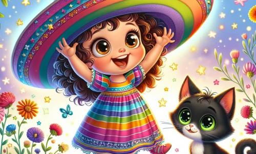 Una niña de 1 año llamada Lila, con grandes ojos brillantes y cabello rizado, lleva un vestido de rayas colorido y una gran sonrisa. Está colocando un sombrero mágico, rayado y estrellado, en su cabeza, con los brazos levantados de alegría. A su lado, un gato negro llamado Tico, con ojos verdes chispeantes, está sentado en el suelo, luciendo divertido y listo para volar. Observa a Lila con una sonrisa traviesa, con las patas delanteras ligeramente levantadas como si estuviera a punto de saltar. El escenario es un jardín encantado, lleno de flores multicolores, árboles con hojas brillantes y animales divertidos que observan la escena. Un cielo azul claro con algunas nubes esponjosas añade un toque de magia. La situación principal muestra a Lila y Tico flotando en el aire, rodeados de pequeñas estrellas brillantes, mientras ríen juntos, creando una atmósfera alegre y llena de aventura.