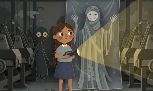 Dziewczynka ok. 12 lat, brązowe włosy w warkoczu, okrągła twarz, duże zdecydowane oczy, trzyma małą retro latarkę rzucającą żółty stożek światła; wygląda odważnie, ale lekko trzęsie się. Postać druga: Poszytek, cienka unosząca się cień z dwoma dużymi czarnymi guzikami zamiast oczu, postrzępione brzegi jak rozdarte płótno, przesuwa się po jej lewej, ochronny i nieśmiały. Postać trzecia: Pani Odpruta, wysoka sylwetka owinięta pasmami szarego i białego materiału, twarz zakryta płótnem z wyszytym uśmiechem, frędzlowane ramiona, stoi za dużą przezroczystą plandeką, którą nieśmiało unosi. Miejsce: wnętrze opuszczonej przędzalni z rzędami nieruchomych metalowych maszyn, kurz w promieniach światła, popękana betonowa podłoga, porozrzucane kawałki tkanin i guziki, brudna plandeka jako drzwi. Sytuacja: dziewczynka podnosi plandekę z włączoną latarką, odsłaniając Panią Odprutą w półmroku; Poszytek u jej boku; atmosfera dziwna, niegroźna, kontrastowe tony szarości i ochry, ostre cienie i wycięte formy, kompozycja skupiona na spokojnym, świetlnym starciu.