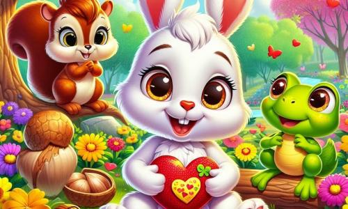 Benny, een schattig wit konijn met grote oren en een blije glimlach, zit in een kleurrijke tuin, omringd door stralende bloemen en kleine papieren hartjes. Hij houdt een hartvormige kaart in zijn pootjes, zijn ogen sprankelend van opwinding en nieuwsgierigheid. Naast hem zit Lila, een charmante eekhoorn met glanzende ogen en een bruine vacht, op een tak, kijkend naar Benny met een grote glimlach, haar kleine pootjes om een noot geklemd. Karel, een groene kikker met gele vlekken, staat op een lelieblad, vrolijk springend en klaar om zich bij hen aan te sluiten voor hun avontuur. De setting is een prachtig park in de lente, met bloeiende bomen, zonnestralen die door de bladeren filteren en kleurrijke vlinders die in de lucht dansen. De hoofdscène toont Benny die de mysterieuze kaart ontdekt, omringd door zijn vrienden, allemaal enthousiast om het mysterie van de afzender op te lossen, wat een sfeer van kameraadschap en opwinding creëert.