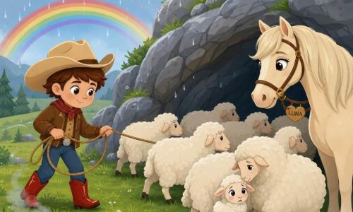 Un cowboy sorridente ma concentrato, capelli castani sotto un ampio cappello beige, giacca marrone e stivali rossi lucidi, tiene una corda e guida dolcemente un gregge di piccoli pecore bianche; una cavalla di nome Luna, alta dal manto crema, è alla sua destra e osserva le pecore; una piccola pecora rotonda e lanosa sembra spaventata ma rassicurata vicino a un'altra; la scena è in una prateria verde con una collina rocciosa grigia, alcuni sassi, un piccolo falò con fumo leggero e un cielo nuvoloso blu-grigio; il cowboy protegge il gregge sotto una pioggia leggera, guidandolo verso riparo tra le rocce, con gocce visibili e un arcobaleno nascente; stile grafico semplice, colori tenui, forme arrotondate e contorni netti adatti ai bambini.