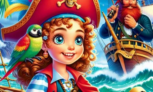 Eine junge Piratin namens Lisa mit lockigen Haaren und funkelnden Augen der Entschlossenheit trägt einen großen roten Hut mit einer Feder. Sie steht stolz auf dem Deck ihres Schiffes, der "Seestern", hält eine alte Schatzkarte in den Händen und ein aufgeregtes Lächeln erhellt ihr Gesicht. An ihrer Seite schaut ein kräftiger Matrose namens Max, etwa 30 Jahre alt, mit einem roten Bart und einem blauen Bandana, mit einem Fernrohr in die Ferne und ist bereit, Gefahren zu erkennen. Auf seiner Schulter sitzt ein kleiner bunter Papagei namens Koko mit grünen und gelben Federn, der fröhlich zwitschert und der Szene eine fröhliche Note verleiht. Das Schiff segelt über ein schimmerndes türkisfarbenes Meer, umgeben von weißen Wellen und einer geheimnisvollen Insel im Hintergrund mit Palmen und Felsen. Lisa, voller Energie, ist bereit, der Schatzkarte zu folgen, während der Wind die Segel des Schiffes wehen lässt und eine Atmosphäre von Abenteuer und Geheimnis schafft.