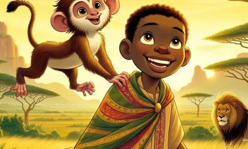Kofi, un giovane africano di circa 20 anni, si trova in cima a una collina verdeggiante con un grande sorriso sul volto. Ha la pelle di un marrone dorato, capelli ricci e indossa una tunica colorata decorata con motivi tradizionali. I suoi occhi brillano di eccitazione e curiosità mentre guarda il maestoso Grande Leone della Savana. Accanto a lui, Bobo, una piccola scimmia birichina, sta salendo sulla spalla di Kofi. Bobo ha un pelo marrone chiaro e occhi scintillanti, e sembra felice, saltellando con entusiasmo. L'ambiente è una savana africana illuminata dalla luce dorata del sole al tramonto, con acacie slanciate e erbe alte che danzano al vento. Sullo sfondo, montagne lontane aggiungono un tocco di mistero al paesaggio. La scena principale mostra Kofi e Bobo mentre incontrano il Grande Leone, un maestoso leone dagli occhi brillanti e dalla criniera fiammeggiante, che si erge dignitoso su una roccia, pronto a condividere la sua saggezza. Kofi, pieno di entusiasmo, ascolta attentamente il leone, mentre Bobo, curioso, osserva la scena con meraviglia.