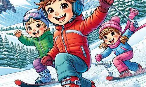 Un bambino di 4 anni, di nome Luca, con capelli castani spettinati e un grande sorriso, sta sciando su una pista innevata. Indossa una tuta da sci rossa e un casco blu, i suoi occhi brillano di eccitazione. Accanto a lui, il suo migliore amico Marco, anch'egli di 4 anni, con capelli biondi e occhiali da sci, lo incoraggia alzando le braccia, mentre scivola felicemente sulla neve. Poco più in là, Sara, una bambina di 4 anni con capelli castani e una sciarpa rosa, li segue con un sorriso determinato, cercando di raggiungerli. La scena si svolge in un magnifico paesaggio alpino, con montagne maestose sullo sfondo, alberi di pino coperti di neve scintillante e un cielo blu chiaro. La neve è fresca e immacolata, creando un contrasto vivace con i colori brillanti degli abiti dei bambini. La situazione principale mostra Luca, Marco e Sara che sciano insieme, formando una bella squadra, ridendo e incoraggiandosi a vicenda, illustrando lo spirito di amicizia e collaborazione nello sport.
