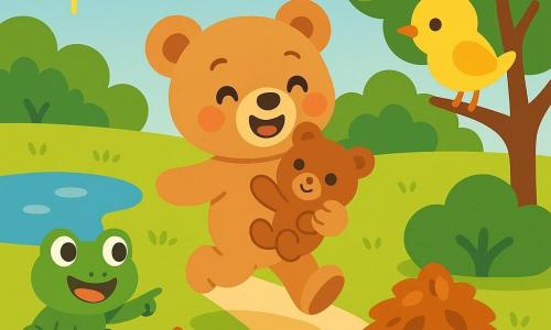 Il protagonista è un piccolo orsacchiotto di peluche marrone chiaro dagli occhi neri lucidi, felice e sollevato mentre stringe il suo orsacchiotto più piccolo e salta su un sentiero di terra; la rana Tina è una piccola rana verde vivace, accovacciata vicino a uno stagno a sinistra che indica un mucchio di foglie; l'uccellino Pio è un passerotto giallo tondo, ali ripiegate, su un ramo basso a destra che guarda l'orsacchiotto beccando; ambientazione: giardino mattutino luminoso con erba verde tenue, cespugli arrotondati, un piccolo stagno con riflessi, foglie cadute bruno-rosse e qualche fiore; scena principale: l'orsacchiotto ritrova il suo pupazzo sotto un mucchio di foglie vicino a un cespuglio, gli amici lo circondano sorridenti in un incontro gioioso e caldo; composizione semplice, colori morbidi e contrasti netti.