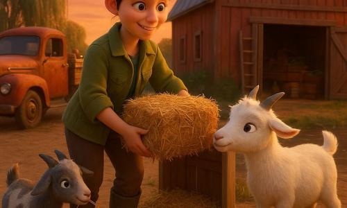 Adult woman Mara, smiling and determined with brown hair in a bun, wearing a green canvas jacket and muddy boots, places a bale of straw in the goat shelter near Willow Creek at sunset; a female goat named Cloud, medium-sized with fluffy white coat, sniffs the straw by Mara’s right hand, a smaller male goat Pepper with gray spots tugs a boot string at the front left, red chickens peck nearby with fresh eggs visible in a basket by Mara’s boots, an old red farm truck with stacked vegetable crates is parked behind her beside a weathered red-brown wooden barn with an open-window and ladder, soft muddy creek bank and a weeping willow lean toward shimmering water, the orange-pink twilight casts long shadows and warm light on faces and straw, a calm, reassuring moment of caring and preparation for tomorrow.