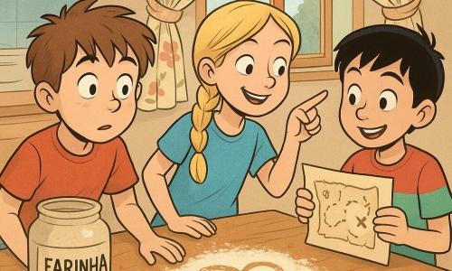 Pedro, um menino de 10 anos com cabelos castanhos despenteados e olhos curiosos, observa atentamente um coração desenhado em farinha sobre uma mesa de cozinha de madeira. Ele tem uma expressão de surpresa e fascinação. Ao seu lado, Ana, uma menina de 10 anos com tranças loiras e um sorriso travesso, aponta para uma janela aberta. Tomás, um menino de 10 anos com cabelos pretos e vestindo uma camiseta colorida, segura um pedaço de papel com um desenho de mapa do tesouro. Eles estão em uma cozinha iluminada e acolhedora, com cortinas de estampas florais e uma mesa cheia de potes de farinha e migalhas de biscoito. A situação principal mostra as crianças descobrindo pistas misteriosas, cercadas por objetos do dia a dia, em um ambiente caloroso e intrigante.