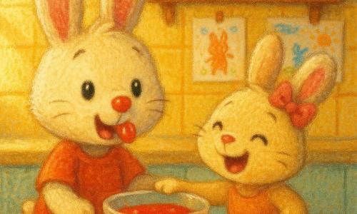 O personagem principal é um coelhinho chamado Nico, surpreso e divertido, com uma gota de geleia vermelha no nariz; pelo creme, orelhas grandes e olhos brilhantes, em pé sobre a mesa lambendo a gota. A personagem secundária é Lila, sua irmã travessa e risonha, pelo bege e laço rosa na orelha, com uma pata sobre a mesa em frente a Nico. Entre eles há um vidro de geleia vermelha vivo, ligeiramente inclinado, com um pequeno respingo na madeira. Cozinha acolhedora e iluminada, mesa de madeira clara com manchas de farinha, raios de sol, canecas e frascos coloridos e desenhos infantis na parede. Cena alegre e lúdica dos irmãos disputando a mesma colherada, o pote tombando e a gota na ponta do nariz de Nico.