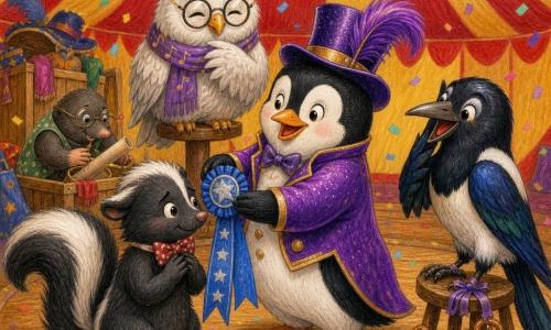 An anthropomorphic penguin named Pippa Wobblewing, proud and joyful, wears a shiny purple jacket with gold buttons and a top hat with a bobbing feather; she delicately holds a blue ribbon with silver stars at the center of the ring. A small fluffy skunk with a slightly crooked bow tie looks relieved and shy as he stands left of Pippa, receiving the ribbon, nose lifted and tail curled. Professor Hush, a ruffled kind white owl with a musical-note scarf, perches on a small post behind Pippa, nodding with a gentle smile. A glossy magpie with a glittery beak sits on a stool to the right, looking guilty but happy, with a pretzel garland at its feet and a ribbon on one leg. Myrtle the mole, small and round with round glasses, rummages through poster tubes near a costume crate, serious but content. The setting is a large cherry-and-butter-yellow striped circus tent with an oval wooden ring, hanging lantern garlands, falling confetti, and crumpled posters on the walls; warm central spot lighting. The scene shows the ribbon presentation in the center of the ring: all characters gathered around, friendly expressions, celebratory gestures, softly falling confetti, festive and reassuring mood. Style: colored pencils, soft textures, bright saturated colors, simple rounded shapes, clear expressive faces, composition readable for a 6-year-old.