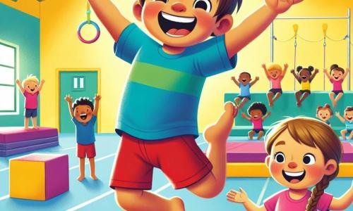 A 4-year-old boy named Leo, with messy brown hair and a big smile, is performing a gymnastics jump on a large colorful mat. He wears a bright blue t-shirt and red shorts, and his face shows immense joy and determination. Next to him is his best friend Mia, a 4-year-old girl with braided blonde hair and a radiant smile, encouraging him with her arms raised, dressed in a pink t-shirt and purple shorts. The setting is a bright gymnasium with yellow walls and colorful gymnastics equipment like uneven bars and hoops. In the background, children of different ages watch with awe, creating an atmosphere of camaraderie and excitement. The main scene shows Leo and Mia training for a gymnastics competition, surrounded by their friends who cheer them on, illustrating team spirit and the joy of sports.