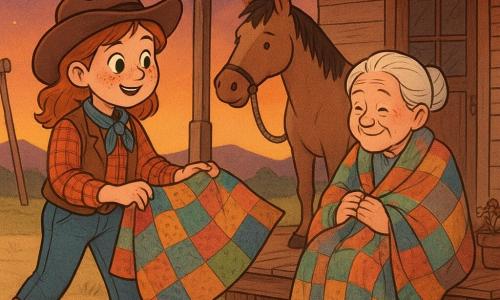 Sally is a round-faced, freckled cowgirl with bright green eyes and a brave smile, carrying a large colorful patchwork as she walks purposefully toward a small wooden cabin; she wears a brown felt hat, red plaid shirt, worn leather vest, blue neckerchief and dusty boots. Mrs. Jenkins, about 78 with white hair in a bun, gentle wrinkles and a benevolent gaze, sits on the small porch wrapping the blanket around her shoulders and smiling gratefully. Dusty the horse, light brown with a black mane, stands tied near the house with steaming nostrils and attentive ears. At dusk the orange-purple sky with early stars and golden light falls on the porch and dusty road; the cabin has visible planks, a worn rope swing and faded potted flowers. The scene is warm and comforting with wood and fabric textures, centered on the blanket exchange, in soft lines, saturated pastels and slightly cartoonish exaggerated expressions.