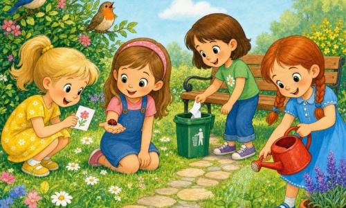 Er zijn vier meisjes van ongeveer 6 jaar: een blond meisje met paardenstaart in een gele bloemjurk, knielend links en een papiertje houdend; een bruinharig meisje met groen T‑shirt rechts van het midden dat het papiertje in een kleine groene prullenbak doet; een roodharig gevlochten meisje in een blauwe jurk rechts dat lacht en met een rood gietertje plantjes water geeft; en een lichtbruinharig meisje met roze haarband links van het midden dat een lieveheersbeestje op haar open hand bekijkt. Plaats: zonnige tuin met groen gras en witte madeliefjes, licht stenen pad, houten bankje met kleine groene prullenbak, potplanten en een vogelstruik; lichte blauwe lucht met enkele wolkjes. Situatie: de meiden rapen afval en verzorgen de planten; vrolijke sfeer, felle kleuren, eenvoudige expressieve lijnen en zachte kleurpotloodtextuur.