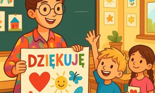 Uśmiechnięta nauczycielka w wieku około trzydziestu lat, z brązowymi włosami związanymi w kok, nosi kolorową bluzkę i okrągłe okulary. Stoi przed dużą tablicą, z błyszczącymi oczami pełnymi entuzjazmu, trzymając duży rulon papieru z kolorowym rysunkiem. Obok niej stoi ośmioletni chłopiec z rozczochranymi blond włosami, podnoszący rękę z szerokim uśmiechem, niecierpliwy, by podzielić się swoim pomysłem. Tuż za nim dziewczynka z warkoczami i różowym t-shirtem patrzy z podziwem, trzymając małą kartkę z podziękowaniami. Scena rozgrywa się w jasnej klasie, wypełnionej rysunkami na ścianach, drewnianymi biurkami i oknami wpuszczającymi światło słoneczne. Główna sytuacja pokazuje nauczycielkę i jej uczniów, którzy wspólnie tworzą duży plakat z podziękowaniami, z rysunkami i kolorowymi słowami, celebrując swoją szkołę i osoby, które w niej pracują. Atmosfera jest radosna i twórcza, pełna śmiechu i ekscytacji.