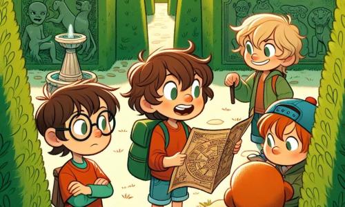 In a labyrinthine garden, four young adventurers stand in the center of a sunny clearing. Max, an eight-year-old boy with messy brown hair and a red t-shirt, holds an old treasure map with a big smile. To his right, Leo, a blonde boy with sparkling eyes, carefully studies the map while wearing a blue cap and denim shorts. Sam, a boy with round glasses and brown hair, leans near a stone fountain, observing animal engravings, dressed in a green t-shirt. Finally, Oliver, a boy with curly hair and a bright smile, stands a bit back with crossed arms, ready to explore, in an orange hoodie. The labyrinthine garden is filled with tall green hedges forming winding paths, and at its center stands a beautiful stone fountain adorned with delicate sculptures of lions and flowers. Sun rays filter through the leaves, creating bright patterns on the ground. The four friends discover an old chest hidden under a lion's paw, revealing mementos of past adventures, symbolizing the spirit of friendship and exploration that unites them.
