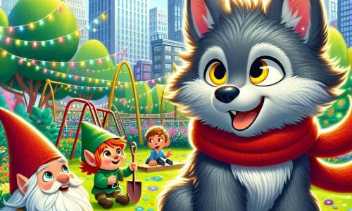 An illustration depicts a small wolf with soft gray fur shining in the sunlight, wearing a red scarf that flutters in the wind. It has bright yellow eyes filled with curiosity and a joyful smile, standing in the center of an urban park surrounded by colorful flowers and majestic trees. Next to it, a gnome with red hair and a bushy beard, wearing a green pointed hat, looks on with a mix of wonder and excitement, holding a small wooden shovel ready to dig in the enchanted garden. A miniature dragon with shimmering scales and translucent wings joyfully flies above them, its eyes sparkling with mischief and joy, adding a touch of magic to the scene. The main setting is a vibrant city park with modern buildings in the background, children playing on swings, and lush green trees, contrasting nature with urban life. The main situation shows the little wolf and its friends organizing a magical treasure hunt, with shiny objects hidden under flowers and colorful clues hanging from tree branches. Laughter and smiles light up their faces as they prepare to share this adventure with the park's human visitors. Other graphic elements include colorful butterflies flying around, sunlight filtering through the leaves, and sparkling magic in the air, creating a joyful and fairy-tale atmosphere.