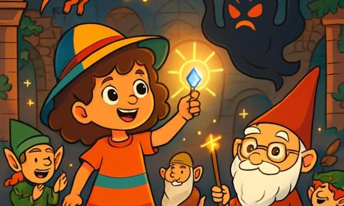 O fetiță de 8 ani, Ana, cu părul castaniu creț și ochi strălucitori de curiozitate, stă în centrul imaginii, cu un zâmbet uimit pe față. Ea poartă o rochiță colorată și o pălărie mare, dându-i un aer de mică aventurieră. Lângă ea, un gnom în vârstă, cu barbă albă și ochelari rotunzi, o observă cu un zâmbet binevoitor, ținând un baston magic strălucitor. În fundal, un dragon miniatural cu solzi strălucitori și aripi desfăcute survolează scena, adăugând o notă de magie. Locul este un teatru vechi, cu pereți din cărămidă acoperiți de iederă și lumini sclipitoare care iluminează interiorul plin de praf. Creaturi fantastice, precum elfi și gnomi, se amestecă cu oameni, creând o atmosferă vibrantă și feerică. Situația principală o arată pe Ana, pregătită să înfrunte un spirit malefic, ridicându-și pandantivul magic care strălucește intens, în timp ce creaturile din jurul ei cântă și dansează, formând un cerc de protecție.