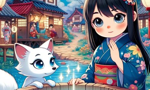Yuki, uma jovem de 12 anos, com longos cabelos negros brilhantes e olhos cheios de curiosidade, está à beira de um poço mágico. Ela usa um quimono tradicional azul com padrões florais, e seu rosto expressa uma doce determinação enquanto observa a água cintilante. Ao seu lado, uma raposa de cauda branca, com olhos brilhantes como estrelas, observa Yuki, pronta para oferecer conselhos sábios. Ao fundo, a aldeia encantada é composta por casas coloridas de madeira, com telhados de ladrilho vermelho. Árvores floridas cercam o poço, criando uma atmosfera mágica e pacífica, enquanto lanternas de papel flutuam suavemente no ar. A cena mostra Yuki olhando para o poço, onde imagens de sua aldeia e de sua família aparecem, revelando a magia e a sabedoria que ela deve descobrir para resolver o mistério que a envolve.
