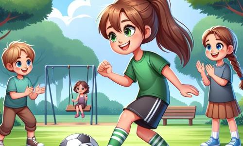 A young woman, Olivia, is at the center of the image, with brown hair tied in a ponytail and a warm smile on her face. She wears a green football jersey with the Eagles logo, black shorts, and sports shoes. She is showing the children how to dribble a football, her expression joyful and encouraging. To her right, a boy named Max, around 11 years old, has messy blonde hair and wears a blue t-shirt. He is trying to dribble the ball with a focused and determined look. To her left, a girl named Lily, also around 10 years old, with brown hair in braids, is clapping and smiling, full of enthusiasm for the game. The scene takes place in a lush park, with majestic trees in the background and children playing on swings. The ground is covered in fresh grass, and the sky is bright blue with a few fluffy white clouds. The main situation shows Olivia sharing her passion for football with Max and Lily, teaching them game techniques while creating an atmosphere of camaraderie and joy.