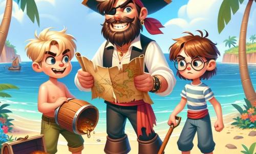 Käpt'n Finn ist ein Mann mit großem Lächeln, braunem Bart und einem Piratenhut mit buntem Feder. Er trägt ein weißes Hemd und eine rote Weste und hält eine alte Schatzkarte in der Hand, während seine Augen vor Aufregung funkeln. Neben ihm steht Ole, ein muskulöser Junge von etwa 10 Jahren mit zerzausten blonden Haaren und einem roten Bandana, der eine Holzschaufel schwingt, bereit zu graben. Lina, ein 9-jähriges Mädchen mit braunen Haaren und runden Brillen, schaut konzentriert auf die Karte. Die Szene spielt auf einer tropischen Insel mit grünen Palmen, bunten Blumen und einem goldenen Sandstrand. Im Hintergrund sieht man sanfte Wellen, die ans Ufer schlagen. Käpt'n Finn, Ole und Lina graben unter einer großen Palme und entdecken eine alte Holzkiste voller Goldmünzen und funkelnden Schmuckstücken, während die Sonne hoch am blauen Himmel scheint.