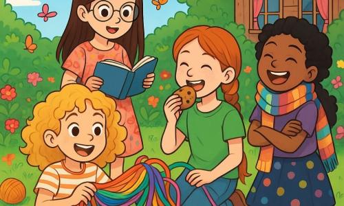 Es gibt vier Kinder: - Lotta: ein 10-jähriges Mädchen mit lockigem, goldenem Haar, das ein gestreiftes T-Shirt und eine blaue Shorts trägt. Sie sitzt auf dem Boden, umgeben von bunten Wollknäueln, und lächelt begeistert. - Lila: ein 9-jähriges Mädchen mit glattem, braunem Haar, das ein Blumenkleid und runde Brillen trägt. Sie steht neben Lotta, hält ein aufgeschlagenes Buch und schaut neugierig. - Nelli: ein 10-jähriges Mädchen mit roten Zöpfen, das ein grünes T-Shirt und eine Jeans trägt. Sie hockt und knabbert an einem Keks, mit einem amüsierten Gesichtsausdruck. - Fenja: ein 11-jähriges Mädchen mit schwarzen, lockigen Haaren, das einen großen bunten Schal und einen gepunkteten Rock trägt. Sie steht mit verschränkten Armen und lacht fröhlich, etwas abseits von den anderen. Der Hauptort der Handlung ist ein magischer Garten, gefüllt mit leuchtenden Blumen und bunten Schmetterlingen. Im Hintergrund steht ein altes Holzhaus mit bunten Vorhangfenstern und einem unordentlichen Garten, in dem Wollknäuel auf dem grünen Gras verstreut sind. Der Himmel ist strahlend blau, mit flauschigen Wolken. Die Hauptsituation der Geschichte zeigt die vier Freunde, die einen magischen Schal aus glitzernder Wolle herstellen, während sie lachen und sich gegenseitig helfen, während sie sich in die bunten Fäden wickeln und so ein fröhliches Durcheinander aus Farben und Lachen bilden.
