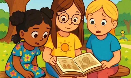 Er zijn 3 personages: - Saar: een 8-jarig meisje met lang bruin haar en ronde brillen. Ze draagt een gele t-shirt met een zonnenafbeelding en een spijkerbroekshort. Ze zit op een bank en houdt een oud boek open op haar schoot. - Noor: een 8-jarig meisje met zwart, krullend haar in twee staarten. Ze draagt een kleurrijke bloemenjurk en sandalen. Ze leunt naar voren en kijkt aandachtig naar de illustraties in het boek. - Lotte: een 8-jarig meisje met steil blond haar in een vlecht. Ze draagt een blauwe t-shirt en een roze broek. Ze zit naast Saar met grote ogen en toont bezorgdheid terwijl ze naar de afbeeldingen in het boek kijkt. De situatie speelt zich af in een zonnig park met een majestueuze grote eik op de achtergrond. Kleurrijke bloemen omringen het pad en kinderen spelen in de verte. De houten bank waarop de meisjes zitten is omringd door groen, en de lucht is helderblauw met enkele witte wolken. De hoofd situatie van het verhaal toont de drie meisjes die een oud mysterieus boek ontdekken dat over oorlog en vrede gaat. Ze zijn gefascineerd door de verdrietige en intrigerende illustraties, stellen vragen over de personages in het boek en zoeken naar manieren om wat licht en vriendelijkheid in de wereld te brengen.