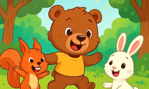 Un pequeño oso marrón llamado Bruno, con un pelaje suave y ojos brillantes de curiosidad, sonríe alegremente mientras juega en un claro soleado. Está rodeado de sus amigos, una ardilla roja llamada Sofía, que salta de emoción con su cola en forma de penacho y una gran sonrisa, y un conejo blanco llamado Lucas, que mira con ojos brillantes de alegría, listo para jugar. El lugar es un claro verde, bordeado de majestuosos árboles de hojas brillantes, con flores coloridas esparcidas por el suelo y un suave rayo de sol que ilumina la escena. La situación principal muestra a Bruno, Sofía y Lucas jugando juntos, riendo y divirtiéndose, ilustrando el espíritu de camaradería y tolerancia entre amigos, celebrando sus diferencias mientras se divierten juntos.