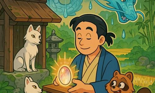 Un hombre llamado Haruki (unos 35 años), de rostro sereno y decidido, con kimono beige y haori azul, arrodillado ante un pequeño altar de madera sostiene un cristal oval que emite luz dorada y rosada; a su derecha un tanuki pequeño de pelaje marrón, con mirada traviesa, toca el borde del altar; un zorro blanco mensajero está sobre una piedra detrás del altar, atento con ojos ámbar; en el cielo desciende en espiral un gran dragón de agua hecho de nubes translúcidas y espuma, azul turquesa, con escamas como vidrio y gotas de lluvia que brillan como perlas; el lugar es un antiguo santuario de madera en un claro de pinos y bambúes con piedras musgosas, linternas de piedra y campos de arroz brillantes al fondo; Haruki coloca el cristal en el altar, su luz se mezcla con las volutas del dragón-nube y provoca una lluvia suave sobre los arrozales — ambiente mágico, colores cálidos, contrastes marcados y rasgos redondeados que recuerdan dibujos animados de los 90.