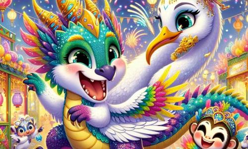 Ilustración que representa a un joven dragón con escamas brillantes de colores del arcoíris, ojos chispeantes de emoción y una amplia sonrisa en su rostro. Está bailando alegremente en medio de una fiesta colorida, con las alas desplegadas, dejando escapar chispas de luz. A su lado, una grácil grulla de plumas blancas y doradas, con una mirada benevolente y una leve sonrisa, canta, añadiendo un toque de magia al ambiente festivo. Un pequeño mono travieso, con un sombrero adornado con plumas multicolores, salta a su alrededor, riendo y mostrando su entusiasmo. El lugar principal es un carnaval brillante, lleno de farolillos coloridos colgados en el aire, confeti cayendo como estrellas y puestos decorados con flores vibrantes. Criaturas fantásticas bailan al ritmo contagioso de la música, creando una atmósfera de alegría. La situación principal muestra al joven dragón y sus amigos celebrando juntos, rodeados de música y risas, mientras se preparan para enfrentar un desafío mágico para proteger la alegría del carnaval. Elementos gráficos adicionales incluyen fuegos artificiales iluminando el cielo nocturno, globos flotantes y guirnaldas de flores, creando un marco encantador y festivo que evoca el espíritu del carnaval.