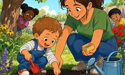 Niño de 2 años, alegre y curioso, pelo castaño corto, mejillas redondas y amplia sonrisa, lleva peto azul y zapatos rojos; sostiene una pala de plástico y planta una semilla en tierra oscura. Una mujer (mamá) de 30–35 años, pelo castaño recogido en coleta, camiseta verde y vaqueros, agachada junto a él, sostiene una caja de semillas y guía su mano mientras sonríe. En el fondo, jardín soleado con césped verde, flores rojas, amarillas y violetas, un árbol frondoso y una regadera metálica azul; se aprecia la semilla en la tierra, dedos pequeños que la cubren, gotas de agua brillantes cayendo de la regadera, luz cálida de mañana, sombras suaves, colores vivos y estilo simple y expresivo para niños pequeños.