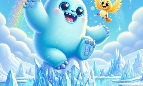 Auf dem Gipfel eines majestätischen, funkelnden Eisbergs steht ein sanftes und freundliches Monster namens Momo. Momo ist ein großes Monster mit pastellblauem Fell, runden, leuchtenden Augen und einem breiten Lächeln, das sein Gesicht erhellt. Er drückt immense Freude aus, springt vor Glück mit erhobenen Armen zum Himmel. Neben ihm sitzt ein kleiner, bunter Vogel mit leuchtend gelben Federn, der fröhlich singt. Er sitzt auf Momos Schulter, seine Flügel ausgebreitet und verleiht der Szene einen Hauch von Magie. In der Nähe springt ein lächelnder Fisch mit schimmernden Schuppen und lebhaften Flossen aus einem klaren See, spielt und spritzt Wasser, wodurch Regenbögen aus glitzernden Tropfen entstehen. Die Umgebung ist eine märchenhafte Landschaft mit schneebedeckten Bergen im Hintergrund, einem hellblauen Himmel mit flauschigen Wolken und einem funkelnden See, umgeben von Eiskristallen, die in der Sonne glänzen. Die Hauptsituation zeigt Momo, das Monster, und seine Freunde, den kleinen Vogel und den Fisch, die ihre Freundschaft auf dem Gipfel des Eisbergs feiern und bereit sind, gemeinsam einen Wunsch vor dem wunderschönen, strahlenden Kristall zu äußern.