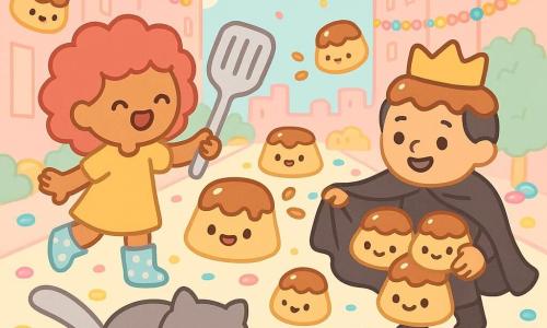 Luna, joyfully mischievous with raspberry curly hair and polka-dot boots, holds a silver spatula laughingly reaching for a wiggling pudding; Mr. Gloom, ~45, surprised but smiling, in a black cape and pudding crown scoops wobbling puddings with his cape; Whiskers, a round gray cat, sleeps on a spoon-shaped cart while small shiny pudding creatures with sweet eyes bounce and splash caramel droplets; setting: Jellybean City street with tall pink buildings, candy garlands, jellybean-covered sidewalks and a pastel sky with confetti; scene: a comedic parade in joyful chaos—flying puddings and Luna and Mr. Gloom gathering desserts; style: minimal kawaii, simple shapes, clean background, thick outlines, saturated candy-pink, banana-yellow and sky-blue palette, soft light and very light shadows.