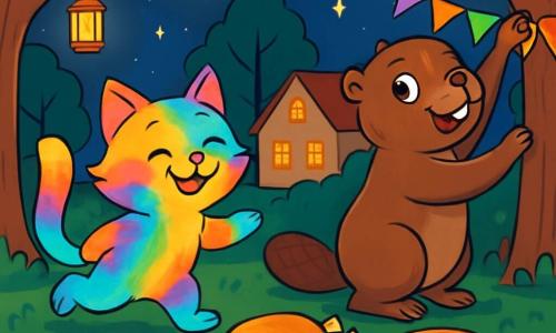 Ramie, een kat met glanzende en kleurrijke vacht als een regenboog, is vrolijk en glimlachend, terwijl hij rondhuppelt rond een grote tafel versierd met bloemen en smakelijke gerechten. Naast hem is Bibi, een bever met een bruine vacht en sprankelende ogen, druk bezig met het ophangen van kleurrijke slingers, met een uitdrukking van concentratie en geluk. Op de achtergrond wordt het dorp verlicht door fonkelende lantaarns, met majestueuze bomen en sterren die stralen in een nachtelijke lucht. De scène straalt een feestelijke en warme sfeer uit, waar de dieren samenkomen om een gezellige maaltijd te vieren na een dag van vasten.