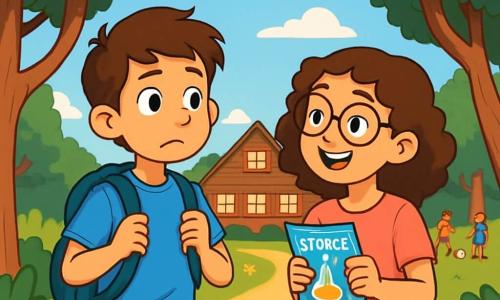 A 12-year-old boy, Sam, with chestnut hair and sparkling curious eyes, stands at the entrance of a summer camp, his face showing a mix of excitement and a hint of nervousness. He wears a bright blue t-shirt and beige shorts, firmly holding his backpack on his shoulders. Next to him, a 12-year-old girl, Mia, with curly hair and round glasses, smiles joyfully while talking about the upcoming science activity. She wears a pink t-shirt and a floral skirt, holding a colorful brochure in her hands. In the background, there is a large wooden building with bright windows, surrounded by a vast green field dotted with wildflowers and groups of children playing ball. Majestic trees line the site, providing shade and a welcoming atmosphere. The main scene shows Sam hesitating between joining Mia for the science activity or exploring the sports area with a counselor. The illustration captures this moment of choice, with bright colors and joyful expressions, reflecting the spirit of adventure and camaraderie of the summer camp.