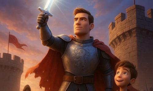 Main knight: an adult male with a square face and short chestnut hair in polished steel armor engraved with lions, a torn red cape, determined calm expression, holding the glowing Celestial Sword raised to the sky with silver light pulsing around the blade; secondary: Alaric, about 12, youthful enthusiastic face, simple tunic and small lion-adorned shield, standing just behind the knight on the battlements looking admiringly; enemy warlord: adult hooded dark silhouette in matte black armor below the walls, surrounded by a blurred horde of shadowy soldiers; location: top of grey stone medieval castle walls with studded red flags, chipped stones, light dust and smoke, dawn sky with golden rays through blue-violet clouds; scene: heroic sunrise confrontation as the knight projects a large silver beam toward the enemy with defenders gathered behind, dramatic yet inspiring, dynamic low-angle composition and cinematic lighting emphasizing metal reflections and magical glow.