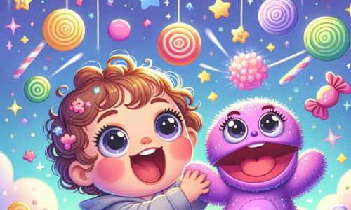 A one-year-old girl with big round eyes and curly hair smiles in wonder, holding a funny purple sock that dances in her hands. The sock, with sparkling eyes and a big smile, twirls joyfully next to her. The background features a starry sky filled with fluffy clouds and floating colorful candies, creating a magical and joyful atmosphere. In the distance, twinkling stars shine like diamonds, adding a touch of enchantment to the scene. The girl and the sock are about to dive into a cloud of candies, laughing together as a gentle breeze floats the sweets around them. It's a moment of pure happiness and adventure, where imagination comes to life in a dream world.