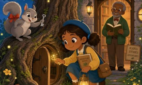 The protagonist is a 6-year-old girl with a round face, brown pigtails, a small blue hat, large curious eyes and a determined smile; she holds a notebook and a small yellow lantern. A lively gray squirrel with a red ribbon on its tail holds a small silver key and perches on a nearby root. An elderly male librarian, about 60, with round glasses and a short gray beard watches from the stone library entrance, holding an open book and smiling softly. The setting is the base of a wide-trunked oak with knotted roots and a small round wooden door in the bark, green grass dotted with yellow flowers and floating fireflies. The scene shows the girl crouched opening the tiny door by moonlight as the key glints in her hand, the squirrel waits on the root and the librarian stands watch; warm, pastel tones, clear contrasts and simple shapes.