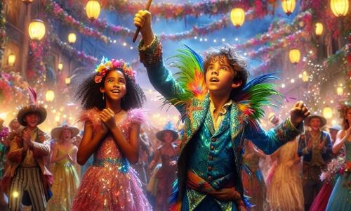An 11-year-old boy, Sammy, stands center stage, dressed in a vibrant costume adorned with parrot feathers and sparkling sequins. His face shows intense joy and determination, with sparkling eyes full of curiosity as he raises a wooden amulet, radiating a golden light, towards the sky. Next to him, Mia, a 10-year-old girl, is dressed as a starfish in a shimmering blue and pink dress. She beams with a wide smile, her curly hair blowing in the wind, enthusiastically applauding while slightly stepping back to admire Sammy. In the background, the scene unfolds in a lively square of Coral Isle, decorated with colorful flower garlands and illuminated lanterns. People in various costumes dance and sing, creating a festive and vibrant atmosphere, while fireworks burst in the starry sky, casting light on the joyful crowd. The main focus shows Sammy, heart racing, lifting the magical amulet to share the light and joy of the carnival with all the residents, symbolizing unity and the celebration of their culture.