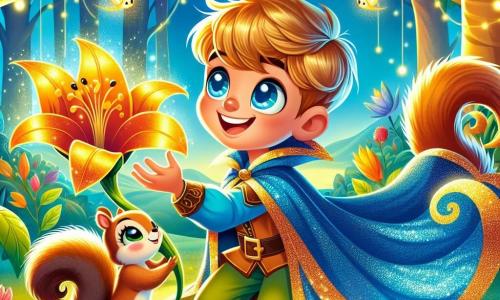 A brave prince, around 8 years old, with a bright smile and sparkling eyes, wears a shimmering blue cape. He is kneeling, reaching out to a beautiful flower with golden petals, his face radiating hope and determination. Beside him is a small squirrel named Mira, with soft brown fur and mischievous eyes, admiring the flower, her bushy tail wrapped around a branch. In the background, an enchanted forest with majestic trees and shimmering fireflies creates a magical atmosphere. The main scene shows the prince and Mira united in their quest to revive the flower, surrounded by light and vibrant colors, symbolizing friendship and kindness.