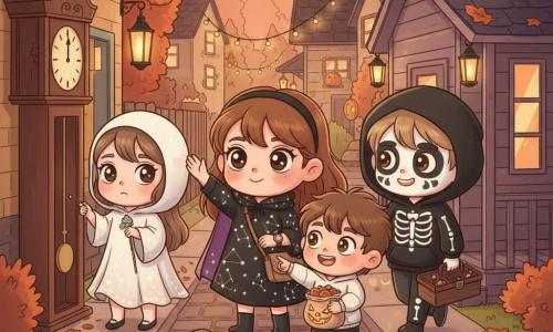 12-year-old Mina with a round face and bright eyes, determined and kind, wears a black cloak embroidered with silver constellations, a small shoulder bag, a visible wristwatch, and raises her hand like a conductor; beside her is ~12-year-old Jayden, smiling with skeleton makeup and a black hoodie with bone patterns, glancing at a small toolbox, confident and complicit; ~8-year-old Theo, small with messy hair and theatrical enthusiasm, holds candy and points at a mechanical crow on the ground; ~12-year-old Lark, shy but relieved, in a star-embroidered ghost costume, stands by an old wooden clock case holding a thin clock hand. Setting: a Halloween residential alley with russet leaves, glowing pumpkins, paper bat garlands, a small wooden porch shack, warm bulbs and orange lanterns. Main scene: they have just recovered a lost clock hand from a cavity behind a house; a gentle, triumphant repair moment with warm, saturated autumn colors, soft contrasts, twinkling lights, cute style, exaggerated expressions and dynamic poses.
