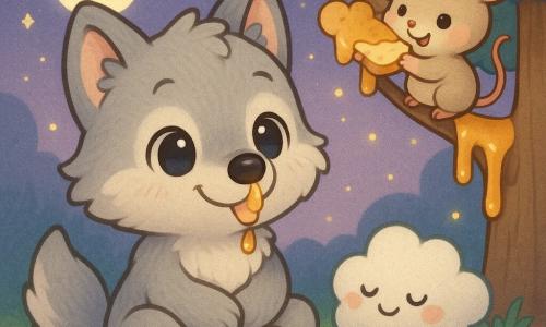 Die Hauptfigur ist ein kleiner Chibi-Wolf mit hellgrauem, weichem Fell, runden glänzenden Augen und warmem Lächeln, sitzt mit gekreuzten Pfoten und leckt einen goldenen Honigtropfen von seiner Nase. Die Maus Mimmi ist eine runde beige Maus mit rosa Backen und schelmischem Blick, hängt an einem Ast des Honigbaums auf Kopfhöhe des Wolfs und teilt ein Stück Honigbrot. Eine wolkenförmige kleine Schafwolke ist flauschig weiß mit watteartigen Konturen, geschlossenen Augen und verträumtem Lächeln und liegt wie ein weicher Freund neben dem Wolf auf der Wiese. Schauplatz ist eine nächtliche Waldlichtung mit grüner Wiese und blauen Blumen, einem großen braunen Baum mit glänzenden Honigrinnen, funkelnden gelben Glühwürmchen und silbernem Mond vor violettem Himmel. Szene: zärtlicher, heiterer Dämmerungsmoment; Wolf und Maus genießen gemeinsam Honig, Pastellfarben, weiches Licht, kindlich-niedlicher Stil.