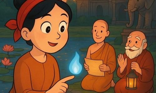 A personagem principal é Ananda, mulher de rosto redondo e cabelo preto preso por um lenço vermelho, expressão maravilhada e serena, segurando uma pequena chama azul e suave na ponta do dedo; um personagem secundário é Somchai, homem baixo (~35 anos), monge de roupa ocre e cabeça rapada, sorriso tímido, ajoelhado alguns passos atrás com um velho pergaminho que brilha fracamente; outro secundário é o guarda idoso (~70 anos), bigode branco e largo, sentado ao fundo junto a um grande pórtico de elefante, aplaudindo suavemente e segurando uma lanterna de metal; o local é a margem de um lago de lótus ao crepúsculo — água espelhada, grandes flores cor-de-rosa e folhas verdes flutuantes, margens de pedra cobertas de musgo, estátuas de elefantes e um templo antigo com torres esculpidas ao fundo; situação: Ananda desperta uma pequena chama mágica numa concha à beira do lago; a luz azul ilumina os rostos, reflexos dourados dançam na água, atmosfera suave, histórica e fantástica.