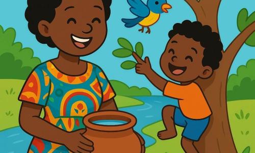 A woman named Ama, in her thirties, smiling and cheerful, wears a colorful dress made of African fabric with vibrant patterns. She holds a large clay pot filled with water and stands near a majestic tree, her eyes sparkling with happiness. Next to her, a little boy named Monkey, with curly hair and mischievous eyes, climbs a branch, laughing and reaching out to Ama. A colorful bird named Bird flies around them, its feathers bright blue and yellow, singing joyfully. The setting features a beautiful sparkling river, surrounded by lush greenery and vibrant flowers, under a clear blue sky. The main scene shows Ama and her friends sharing water with a tree, creating a moment of joy and camaraderie in nature.